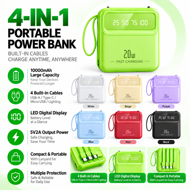 HYTO OEM ODM 10000mAh Power Bank with Built-in 4 Cables 5v2a LED Display Powerbank Corporate Gift Custom Logo Portable Charger