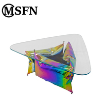 Table basse triangulaire au design original moderne MSFN avec plateau en verre transparent et base en acier inoxydable irisé pour salons et hôtels