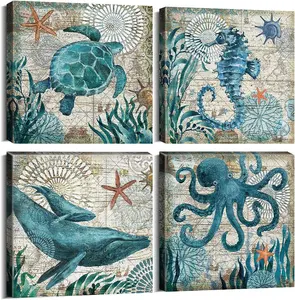 Coastal Octopus Wall Art Decoração do banheiro Aquarela Praia Sea Turtle Whale Seahorse Canvas Pictures for Living Room Quarto