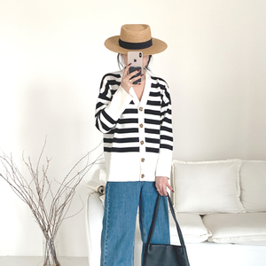 <span class=keywords><strong>Cardigan</strong></span> Invernale Personalizzato con Design a Righe Nere, Manica Lunga, Chiusura con Singolo Bottone, 100% <span class=keywords><strong>Cotone</strong></span> per Donna - Product Image 1