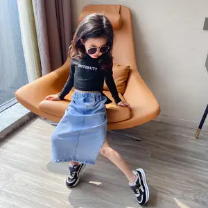 2021 New Spring Summer Big Girl Light Blue Washed Denim Skirt Fashion Teenager Girl Size Open Jean Skirt 4-8T