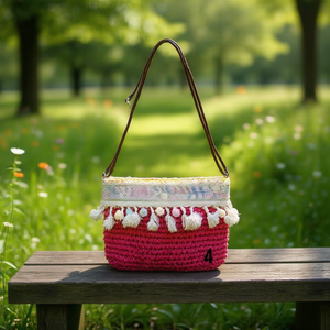 Bolso Bandolera de Papel Tejido con Flecos y Pompones de Flores Pequeñas, 25x17cm, Bolso de Hombro para Mujer - Product Image 2