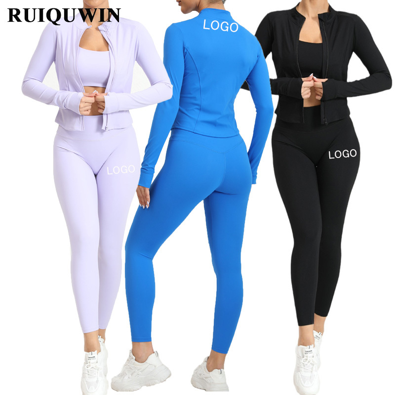 RUIQUWIN Quick Dry Yoga Sets 3 Piece Female Gym Fitness Activewear Workout Long Sleeve With Leggings Sports Bra Women's Sets