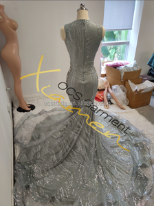 Robes de soirée longues pour femmes Ocstrade, vêtements pour femmes, <span class=keywords><strong>mariage</strong></span> champêtre 2024, robes de bal brillantes en strass argentés, traîne balayante - Product Image 6