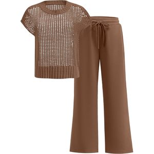 Ensemble deux pièces pour femmes, haut en tricot crocheté transparent, pantalon large, ensemble décontracté respirant pour le printemps et l'été - Product Image 1
