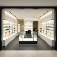 Solution complète de boutique de parfums tout-en-un : comptoir de présentation de parfums en verre avec structure métallique, vitrine personnalisée, design d'intérieur