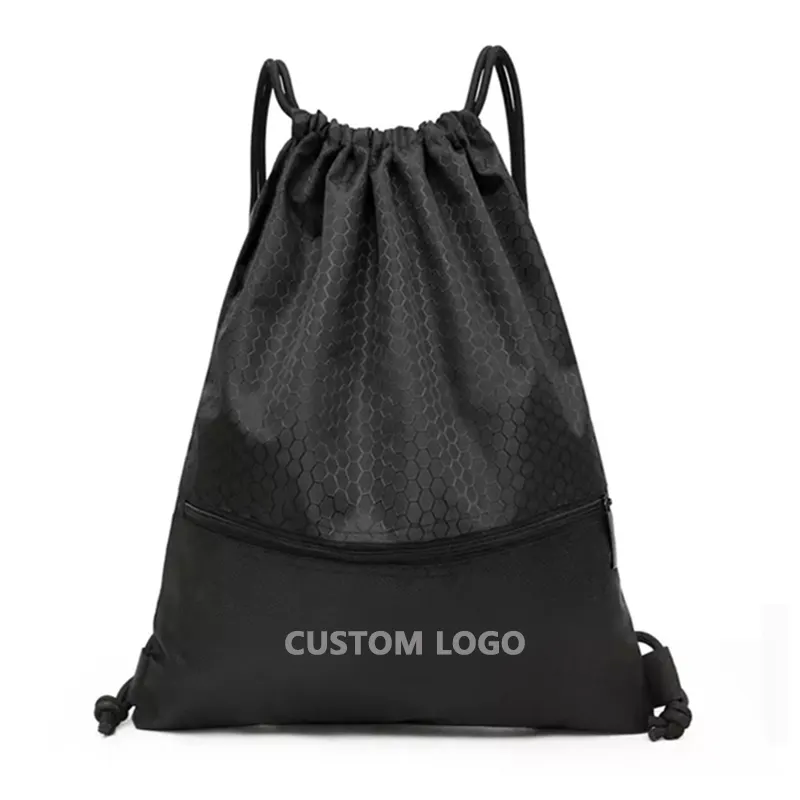Custom Logo Large Capacity Waterproof Gym Black Blank 420D Polyester Sport Drawstring Backpack Bag with Pocket