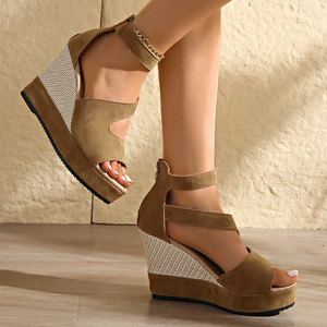 Women Perforated Wedge Summer New Suede Back Zipper European and American Style Platform Thick Sole Peep Toe <b>Sandals</b> - Product Image 1