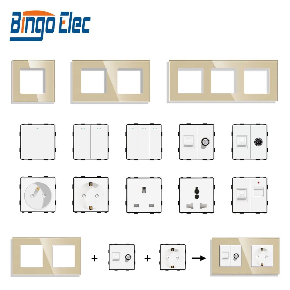 Bingoelec DIY UK EU Standard USB TV Network function keys Mechanical Switch and socket glass panel