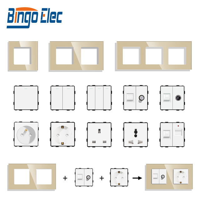 Bingoelec DIY Modular Mechanical Smart Wall Switch Socket UK/EU Standard Glass Panel Modular Design Max Current 250v