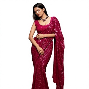 Sari de Georgette con Lentejuelas Magenta Rosa, Bordado Completo, de Lujo, Estilo Tradicional Indio, para Cóctel, Fiesta, Noche, Boda, Venta al por Mayor - Product Image 1