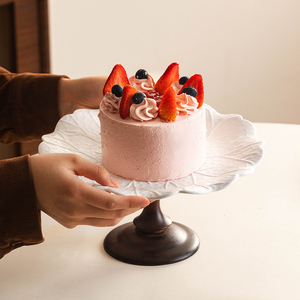 Piatto da Torta a Piedistallo a Forma di Foglia di Cavolo, Ciotola per Frutta in Porcellana <span class=keywords><strong>Bianca</strong></span> con Base in Legno, Espositore per Dessert con Rilievo a Lattuga - Product Image 3