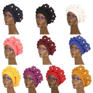 Q30687 fausse perle et nœud décor tête enveloppement musulman espace couche chapeau africain nigérian Turban Gele <span class=keywords><strong>tresse</strong></span> Turbans casquettes - Product Image 1