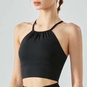 Women Halter Ruched Criss Cross Back Sports Bra Padded Sleeveless Yoga Bra Light Support Pilates Gym Workout Crop Top Wholesale - Product Image 5