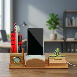 Custom Wooden <b>Phone</b> Charger <b>Stand</b> <b>Desk</b> Organizer with Pen Holder Clock USB Charging Slot Corporate Gift - Product Image 2