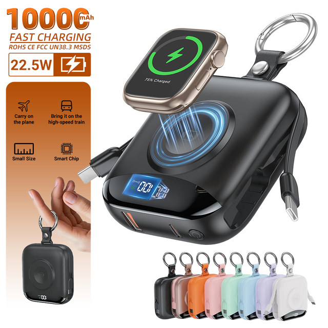 HYTO 10000mAh Mini Power Bank Dual Cable Portable Charger Wireless Fast Charging for iPhone iWatch1-9