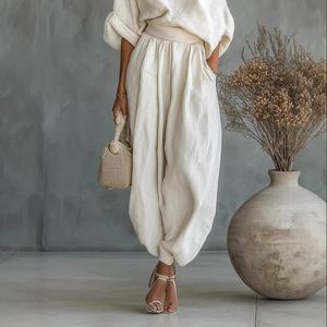 Top casual ampio e vestibilità comoda con <span class=keywords><strong>pantaloni</strong></span> a gamba larga <span class=keywords><strong>in</strong></span> cotone e <span class=keywords><strong>lino</strong></span> - Product Image 2