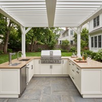 Ensemble d'armoires de cuisine extérieures en acier inoxydable en forme de L, en terre cuite, sur mesure, de la marque Hyrley Factory, pour terrasse de jardin, avec barbecue à gaz et évier