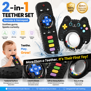 Ensemble <span class=keywords><strong>de</strong></span> jouets <span class=keywords><strong>de</strong></span> dentition 2-en-1 pour bébé : Bâtonnet <span class=keywords><strong>de</strong></span> dentition en silicone <span class=keywords><strong>de</strong></span> qualité alimentaire sans BPA et jouet sensoriel à mâcher en forme <span class=keywords><strong>de</strong></span> télécommande - Product Image 2