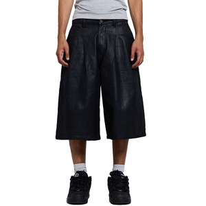 Shorts en jean pour homme à jambes larges, denim noir enduit de cire, shorts en jean décontractés en coton, style oversize avec poches - Product Image 3