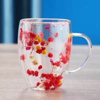 Tendance 2026 Tasse à double paroi avec fleurs séchées véritables, résistante à la chaleur, poignée créative, tasse à thé transparente, café, boissons chaudes SUNPRO