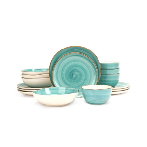 Organic Shape Highland 16pc Ceramic Stoneware Dinner Set Swirl Turquoise Popular Special Design Kitchen Household <strong>Dinnware</strong> Sets - Product Image 1