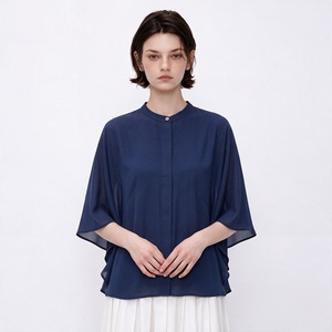 Women's Navy Blue Chiffon Blouse With Mandarin Collar Kimono Sleeve Loose Fit Sheer <b>Layer</b> Minimalist Style Spring Summer <b>Top</b> - Product Image 3