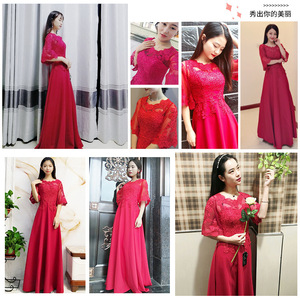 Red A-Line Satin Evening Dress Scoop Neck 3D Pattern Plus Size Long Formal Wear - Product Image 3