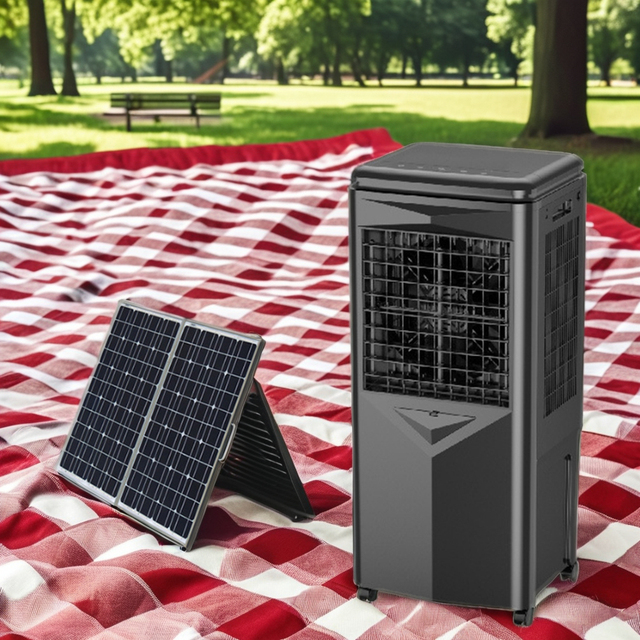 Mini Evaporative Solar & DC 12V Rechargeable Portable Air Cooler with Remote Control 12-Speed for Home Outdoor Garage Use