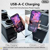Boîte de rangement avant de luxe pour véhicule commercial avec chargeur USB et finition plastique et cuir, rangement allée deuxième rangée