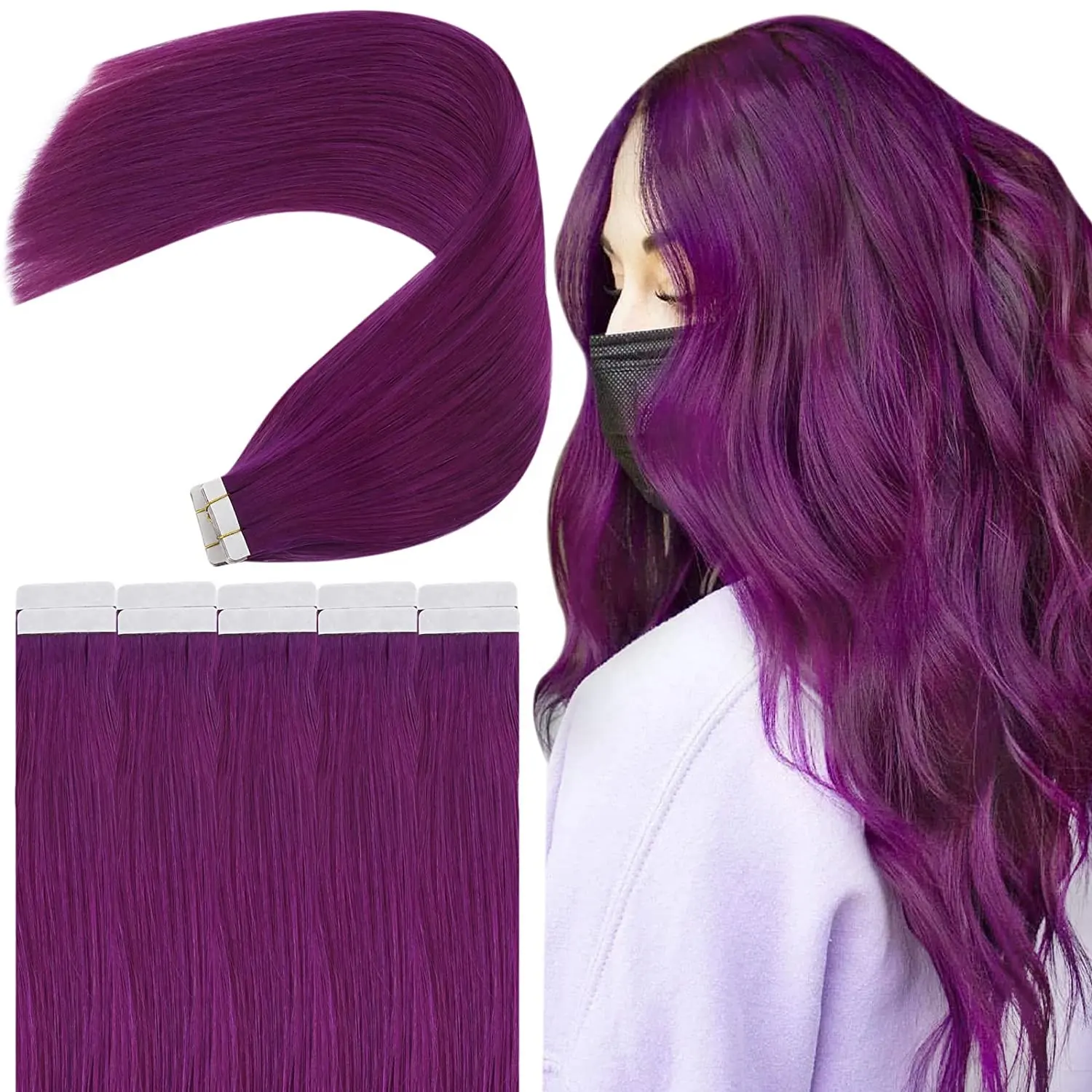 Tape in Hair Extensions Color Purple Tape in Extensions Real Human Hair Highlight Colored Tape in Extensions