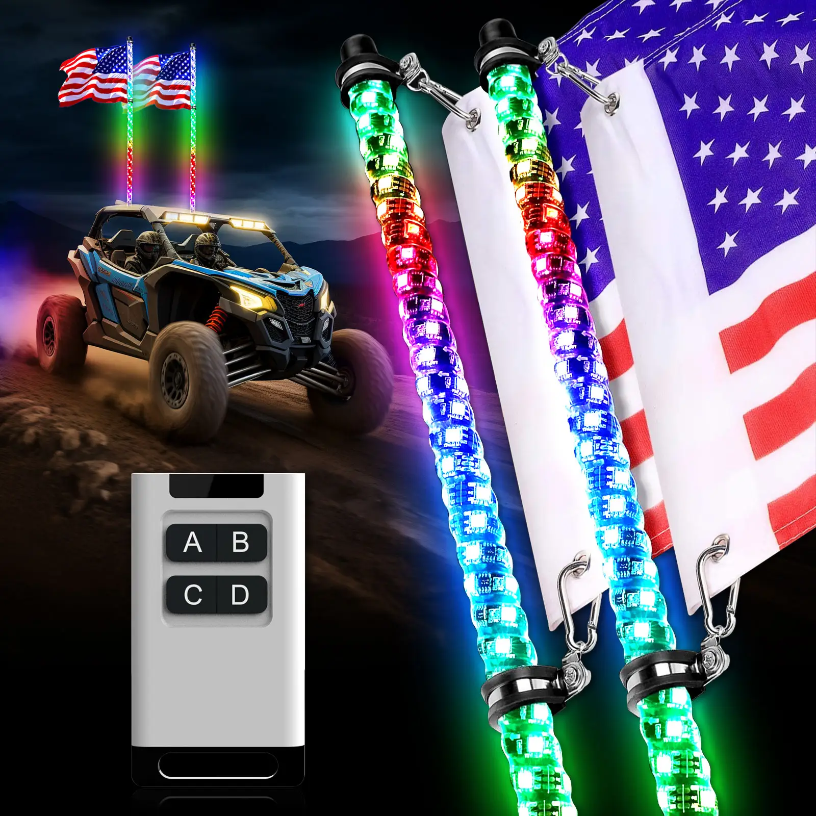 Yilaie 2Pcs 2ft/3ft Zweeplichten Met Vlag Rf Afstandsbediening 360 Spiraaldansen Achtervolgende Lichtantenne Led Zweeplichten Voor Utv Atv