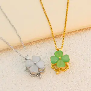 Women's Fashion Cat's Eye Stone Clover Gold Plated Copper Pendant Necklace Silver Jewelry For Stress And Anxiety Relief