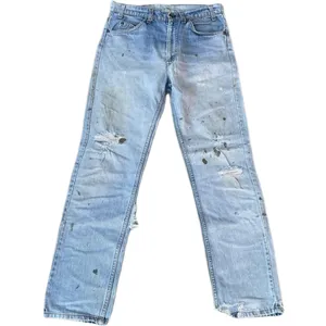 ZHUO YANG CARMENT Light blue Demin painted men's jeans washed grinding high quality straight jeans for men