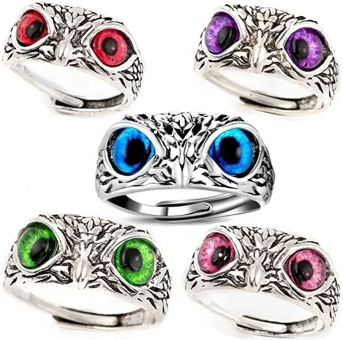 adjustable open silver Owl Ring colors owl red blue green eye Ring Bird lover jewelry for Man Women