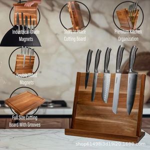Support magnétique pour couteaux et planche à découper en bois massif pour la cuisine, organiseur d'ustensiles de cuisine, en bois d'acacia amovible - Product Image 1