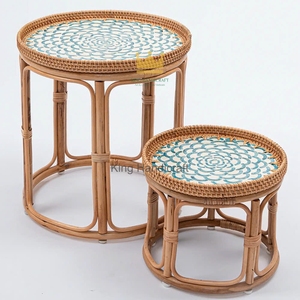 Wholesale Handwoven Rattan <b>Bedside</b> <b>Table</b> Set Modern Mother of Pearl Inlaid <b>Round</b> Coffee <b>Table</b> for Hotel and Home - Product Image 1