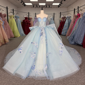 ชุดเดรสสีฟ้าอ่อนสำหรับงาน Quinceanera ประดับดอกไม้สีน้ำเงิน ชุดราตรีประดับมุก Vestidos De Quinceanera Dy1335 - Product Image 6