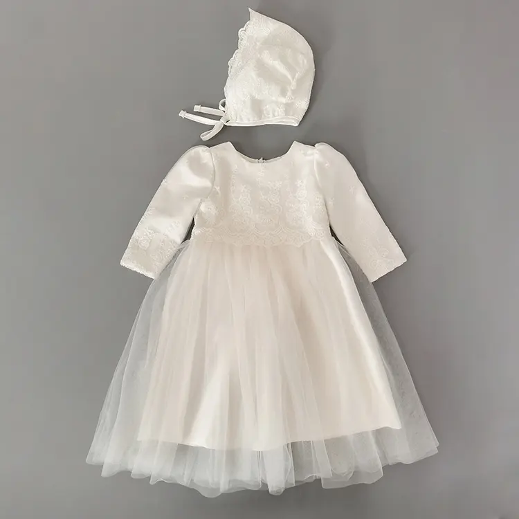 low price autumn birthday baptism embroidery lace tulle long sleeve newborn toddler baby girls dress with hat