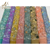 Haute qualité 3D fleur brodé paillettes dentelle tissu pour robes de mariée prix usine maille bleu paillettes dentelle tissu