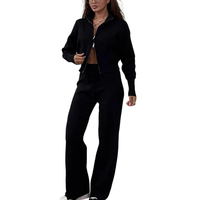 Ensemble décontracté en maille à double fermeture éclair pour femme, col montant, haut tricoté et pantalon large, deux pièces, automne-hiver