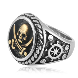 Men's Titanium Steel Skull <b>Ring</b> Silver Two-tone Punk Style Geometric Design 24055 - Product Image 3