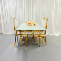 Table de mariage moderne de luxe en acier inoxydable avec plateau en verre, mobilier haut de gamme pour banquets et événements de mariage