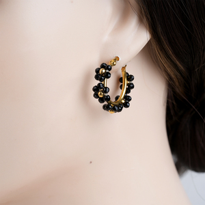 TAYLORFASO 22k Gold Plated Hoop <b>Earrings</b> With Black Crystal Beads Women's Classic Everyday Wear Jewelry - Product Image 4