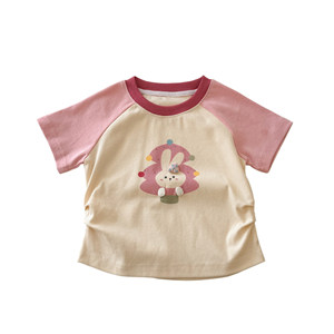 TongXingYuan Girls' Short Sleeve T-Shirt Cartoon Print Cotton Summer Top For Children Pink And Yellow Sleeves - Product Image 5