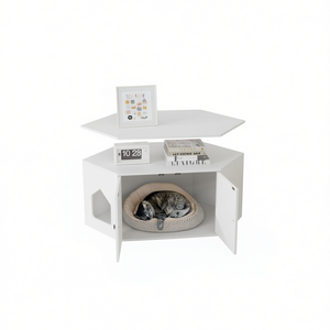 Meuble pour chat blanc polygonal avec accès à la litière, pour salon, mobilier pour animaux de compagnie - Product Image 1
