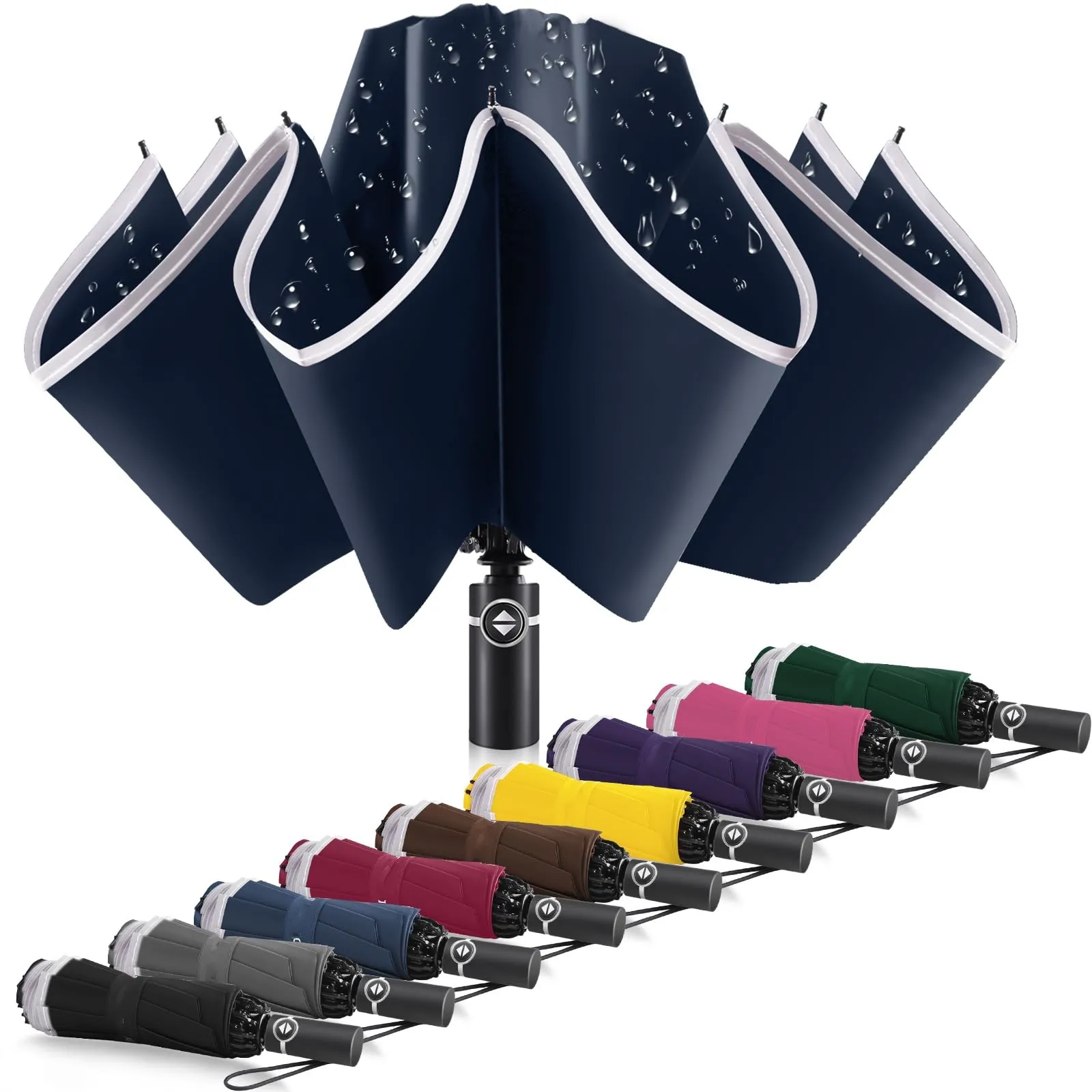 雨と太陽のための大きな防風傘、反射ストライプ付きのコンパクトな逆折りたたみ式自動傘