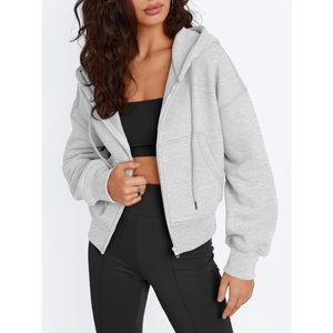 Womens <b>Zip</b> <b>Up</b> <b>Cropped</b> Hoodie Long Sleeve Sweatshirt Casual Jacket Short Length Knitted Fabric Fall Winter Wear - Product Image 2
