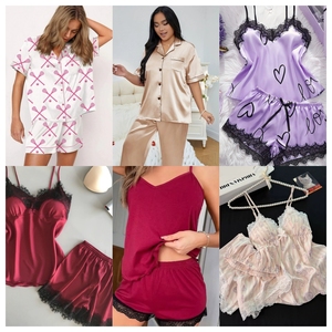 Conjunto de Pijama de Satén de 2 Piezas para Mujer, Estilo Veraniego, Diseño Moderno, Manga Corta, Cuello Camisero, Cierre de Botones, Ropa de Dormir Romántica - Product Image 1