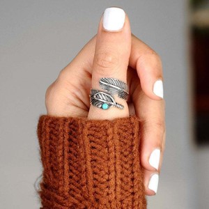 Anello Aperto Vintage con Piuma, Unisex, con Pietra Turchese, Stile Boho, Gioiello da Dito alla Moda - Product Image 3